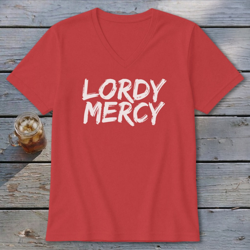 Red v-neck t-shirt with white text "LORDY MERCY" on chest.