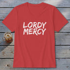 Red v-neck t-shirt with white text "LORDY MERCY" on chest.