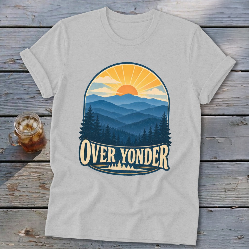 A grey t-shirt featuring a retro mountain landscape graphic with the text OVER YONDER.
