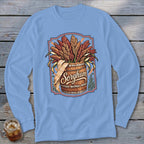 Long-sleeve shirt with sorghum stalks in a wooden barrel graphic and "Sorghum" text.