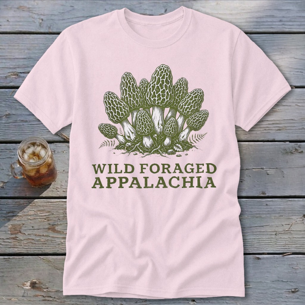 Pink t-shirt with green morel mushrooms and "Wild Foraged Appalachia" text.