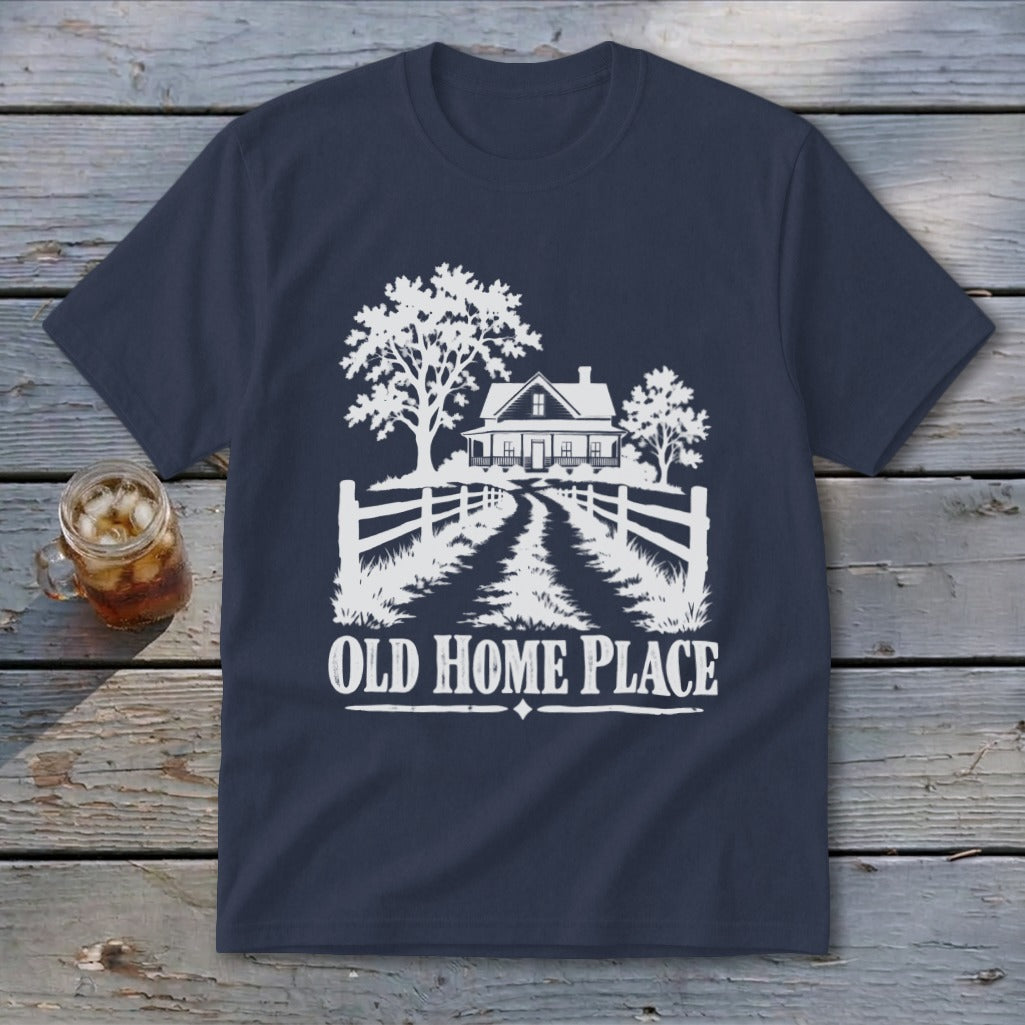Dark blue t-shirt with white graphic of a farmhouse, trees, and the text "OLD HOME PLACE".