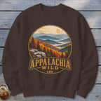 Brown sweatshirt with a circular design of Appalachian mountains and the text "APPALACHIA WILD".