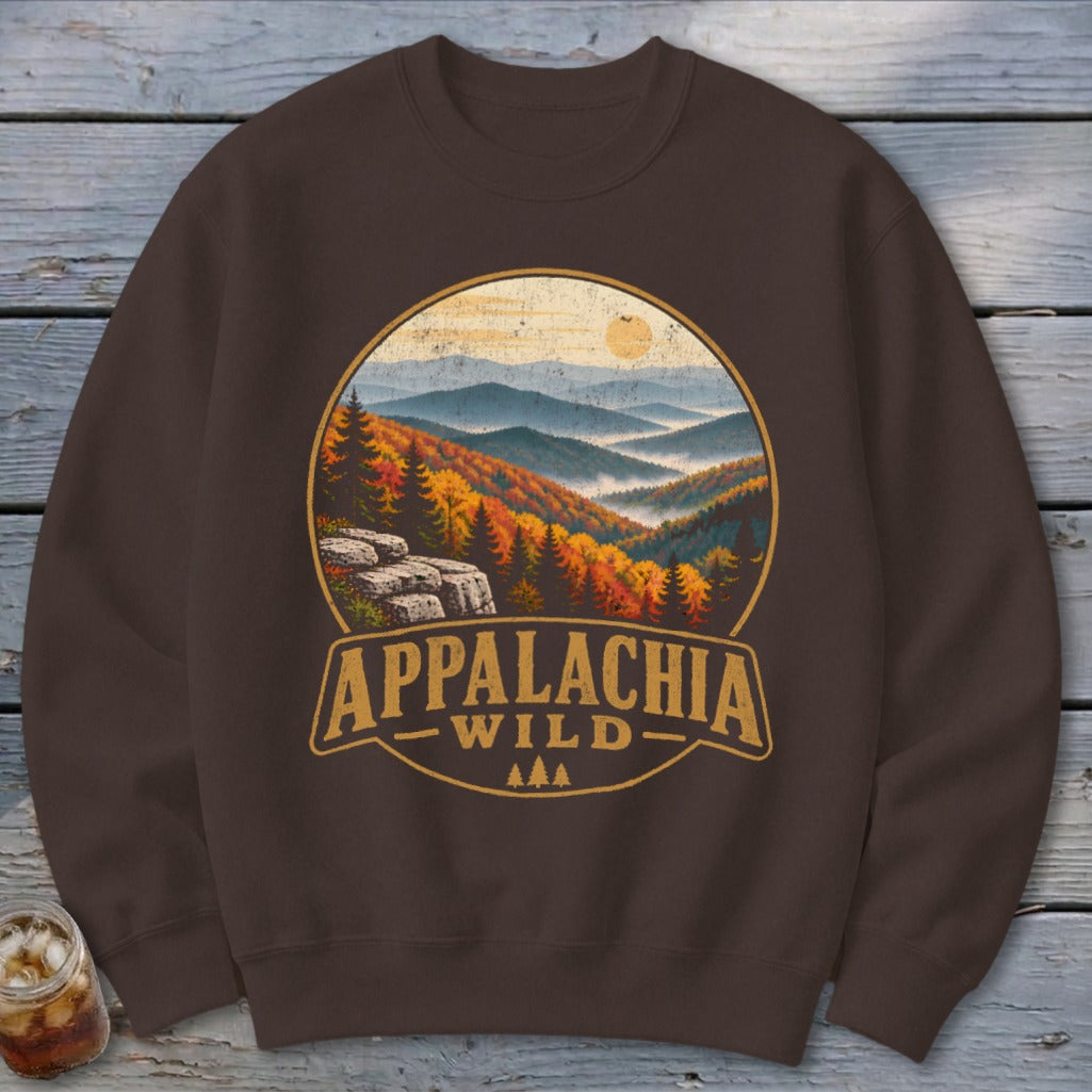 Brown sweatshirt with a circular design of Appalachian mountains and the text "APPALACHIA WILD".