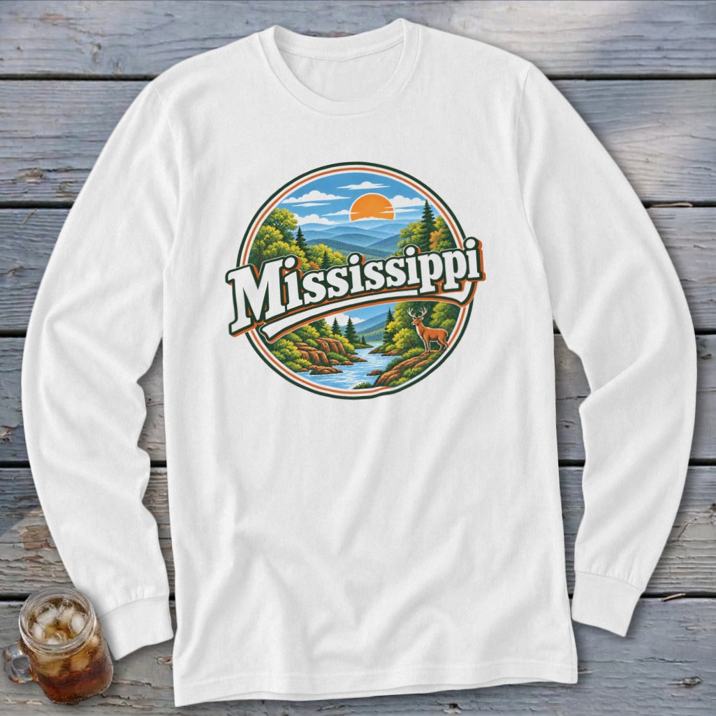 White long-sleeve shirt with a circular graphic depicting a river, mountains, and a deer.