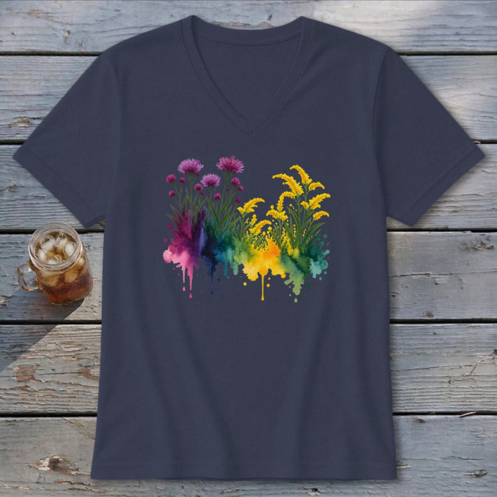 Dark blue V-neck t-shirt with watercolor flowers and colorful drips.