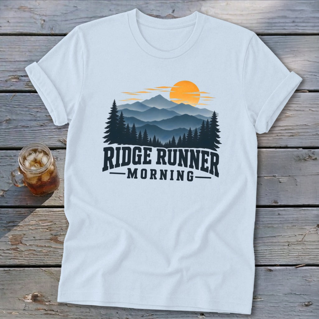 White t-shirt with "RIDGE RUNNER MORNING" text and a mountain sunrise graphic.