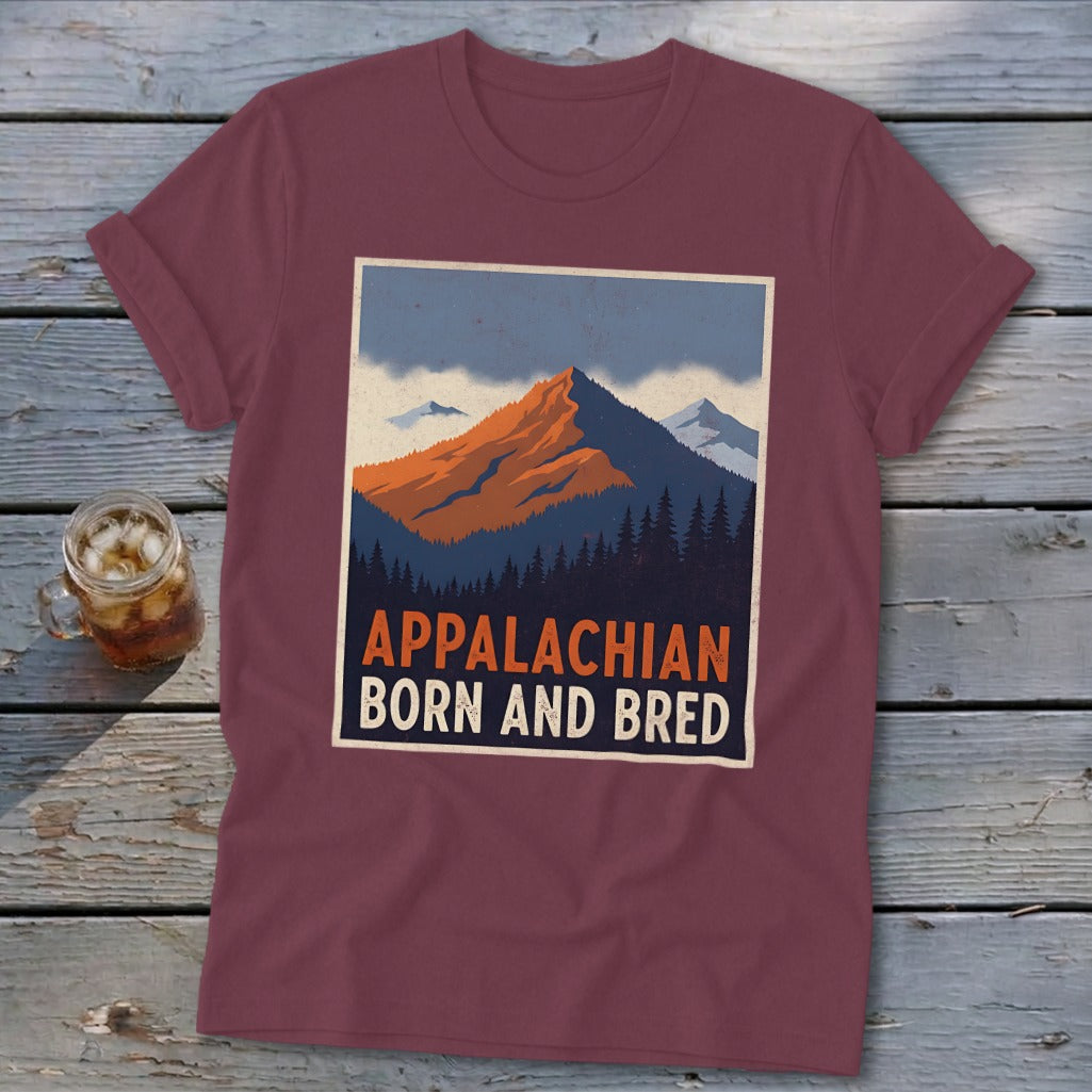 Maroon t-shirt featuring a retro mountain graphic with the text Appalachian Born and Bred.