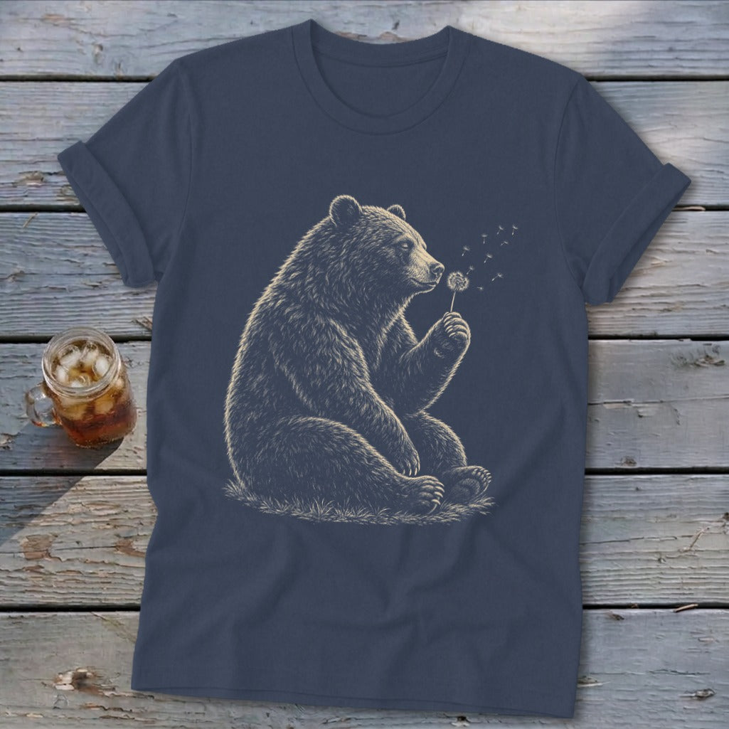 Bear blowing on a dandelion, printed on a dark blue t-shirt.