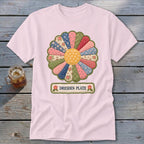 Pink t-shirt with a colorful Dresden Plate flower graphic and text.