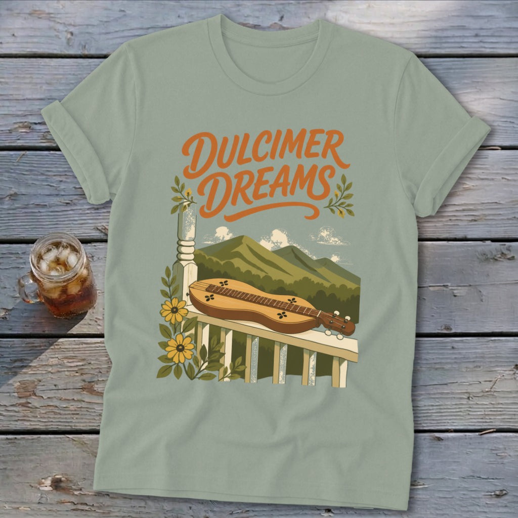 Light green t-shirt with "Dulcimer Dreams" text and mountain landscape.