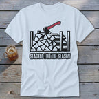 White t-shirt with graphic of firewood, axe, and text "STACKED FOR THE SEASON".