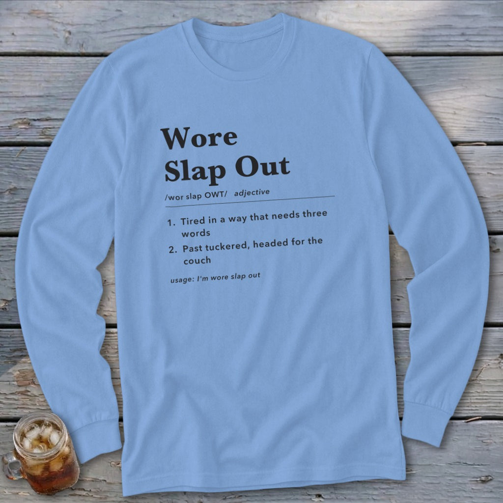 Light blue long-sleeved shirt with "Wore Slap Out" dictionary definition print.