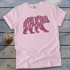 Light pink t-shirt featuring a dark pink bear silhouette with the word Appalachia written across it.