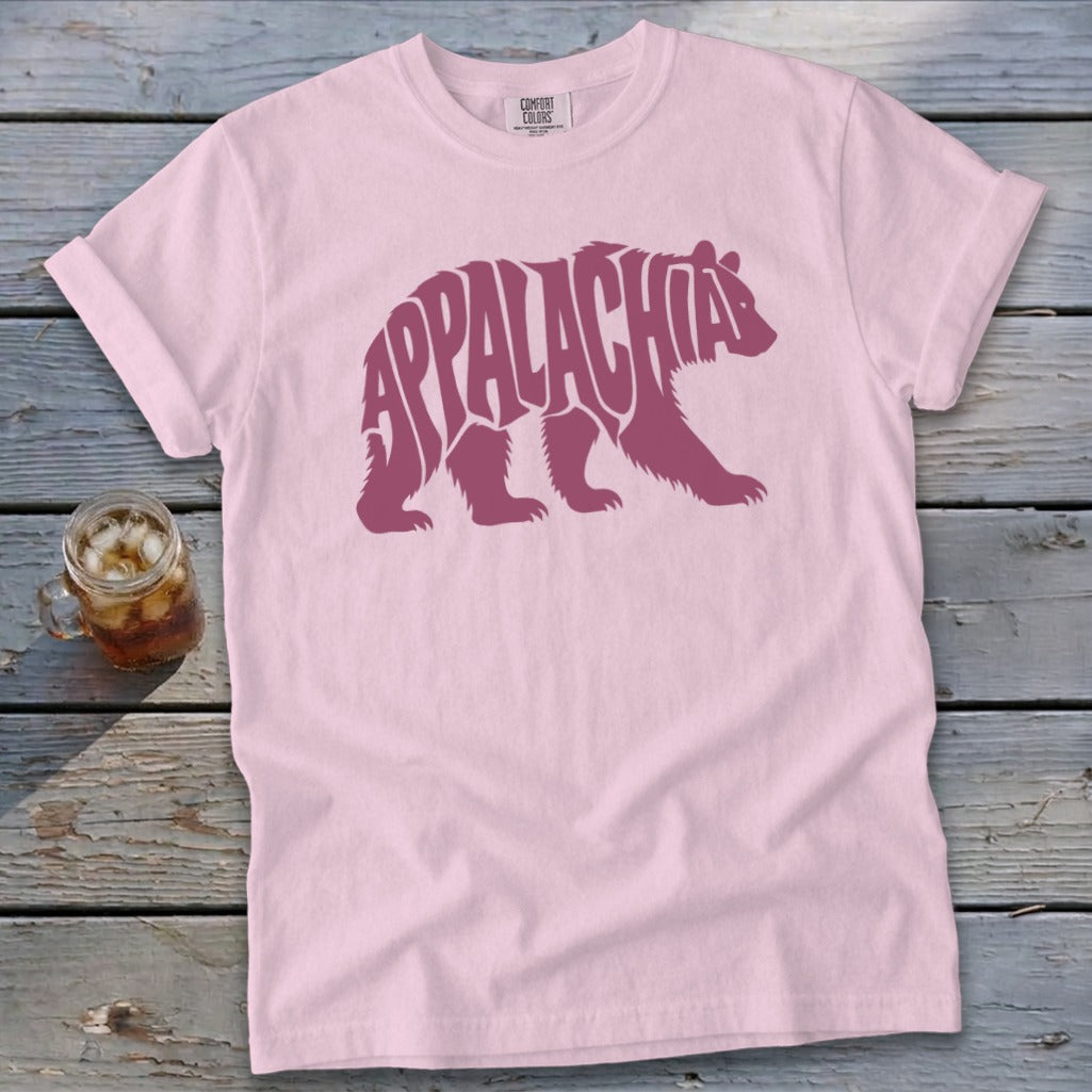 Light pink t-shirt featuring a dark pink bear silhouette with the word Appalachia written across it.