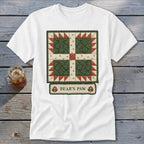 White t-shirt with Bear's Paw quilt design and text.