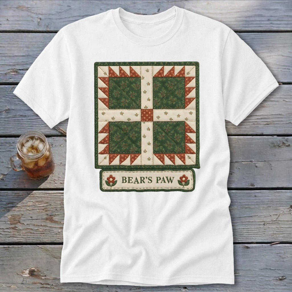 White t-shirt with Bear's Paw quilt design and text.