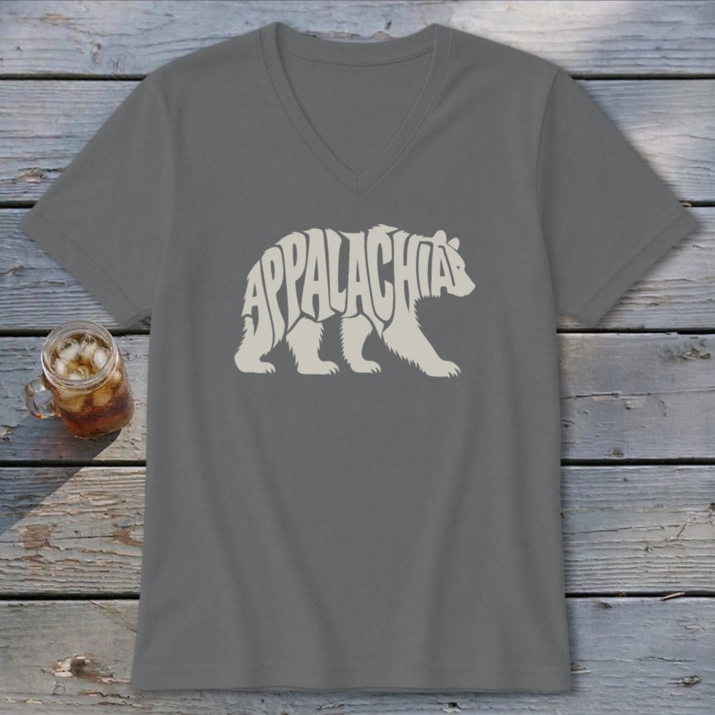A dark gray V-neck T-shirt featuring a white bear graphic filled with the word Appalachia.