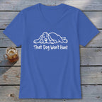 Blue V-neck t-shirt featuring a white graphic of a sleeping basset hound and text reading That Dog Won't Hunt.