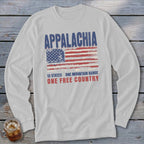 Light gray long-sleeve t-shirt with a distressed graphic featuring the American flag and text that reads Appalachia, 13 States, One Mountain Range, One Free Country.