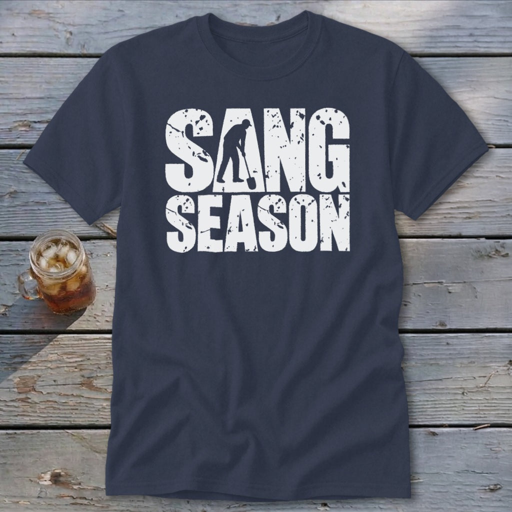 Dark blue t-shirt featuring distressed white text that reads SANG SEASON with a silhouetted digger.