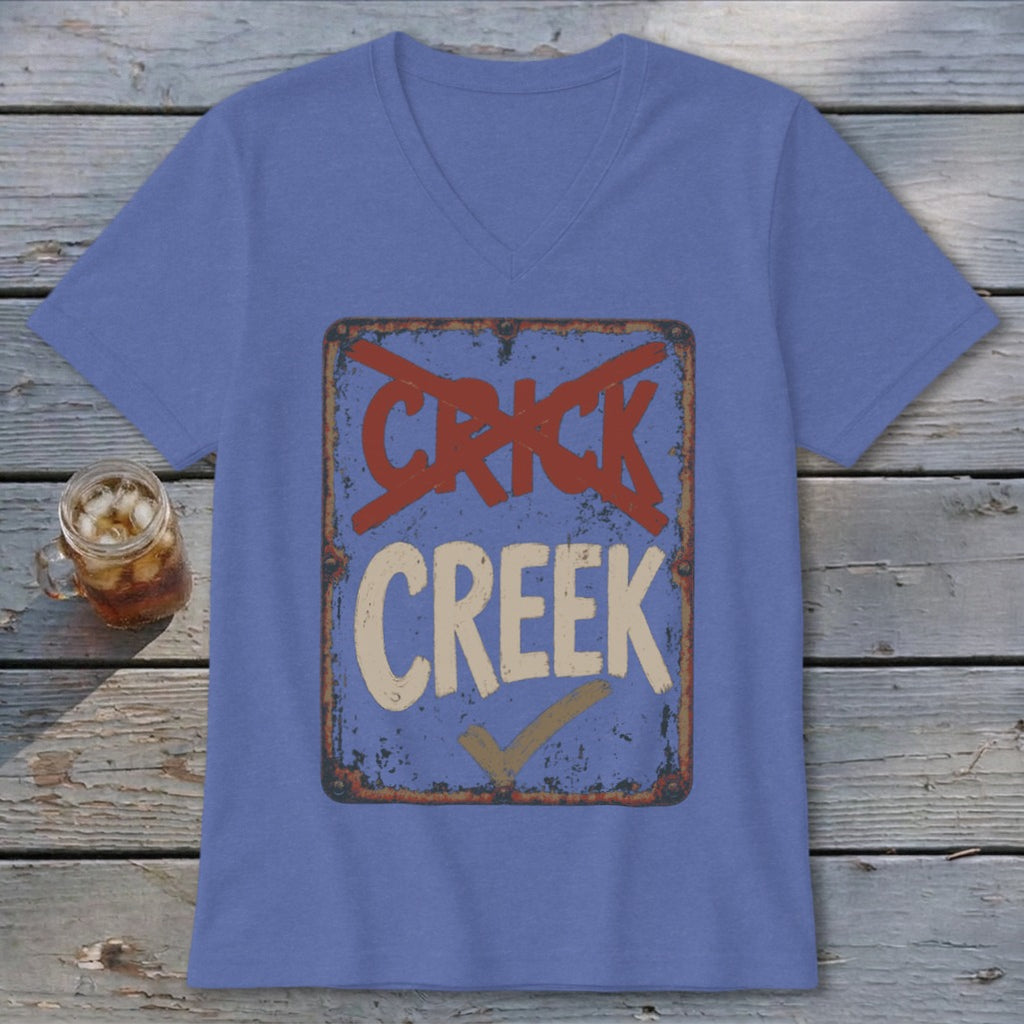 Blue v-neck t-shirt with distressed sign that says "CRICK CREEK" with a checkmark.