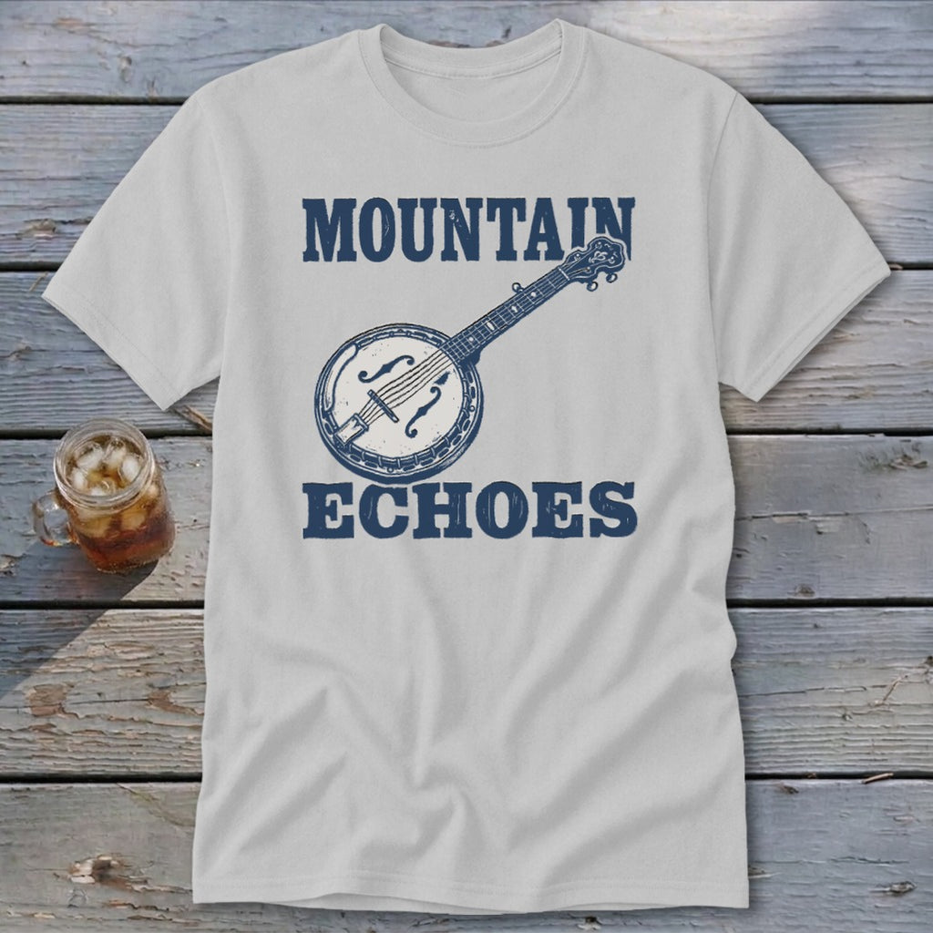A light gray t-shirt featuring a blue graphic of a banjo and the text Mountain Echoes.