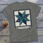 Gray t-shirt with an eight-pointed star quilt design and "EIGHT-POINTED STAR" text.