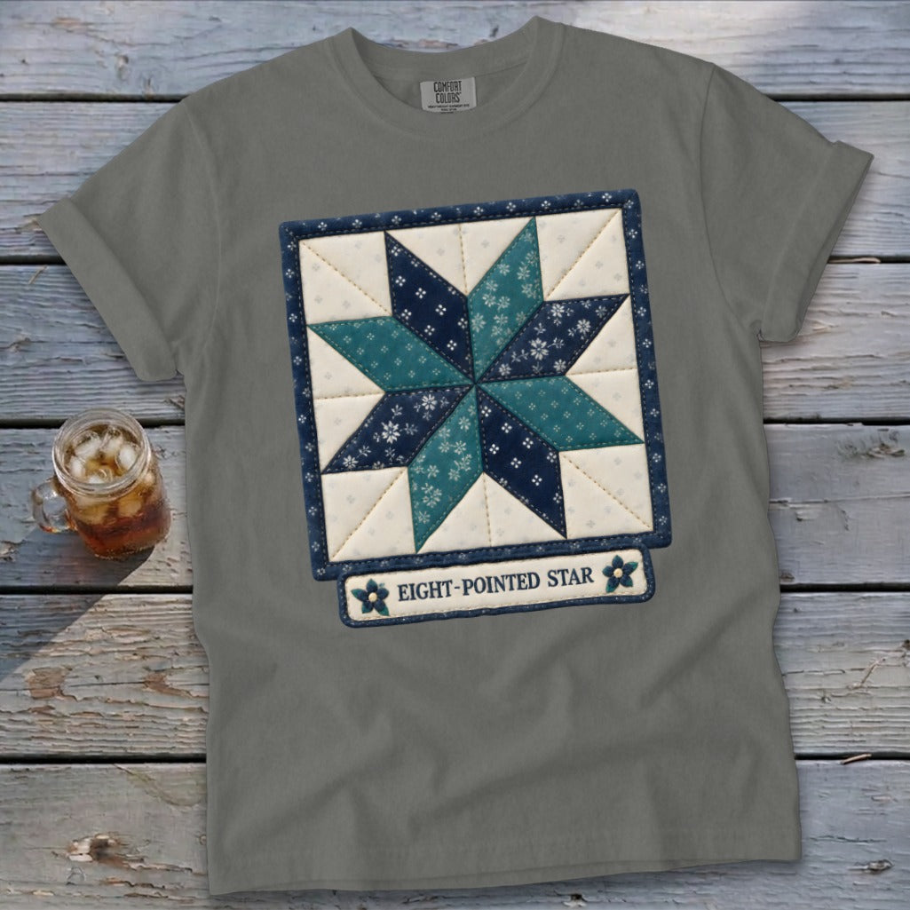 Gray t-shirt with an eight-pointed star quilt design and "EIGHT-POINTED STAR" text.