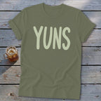 Olive green t-shirt with "YUNS" in light green text.