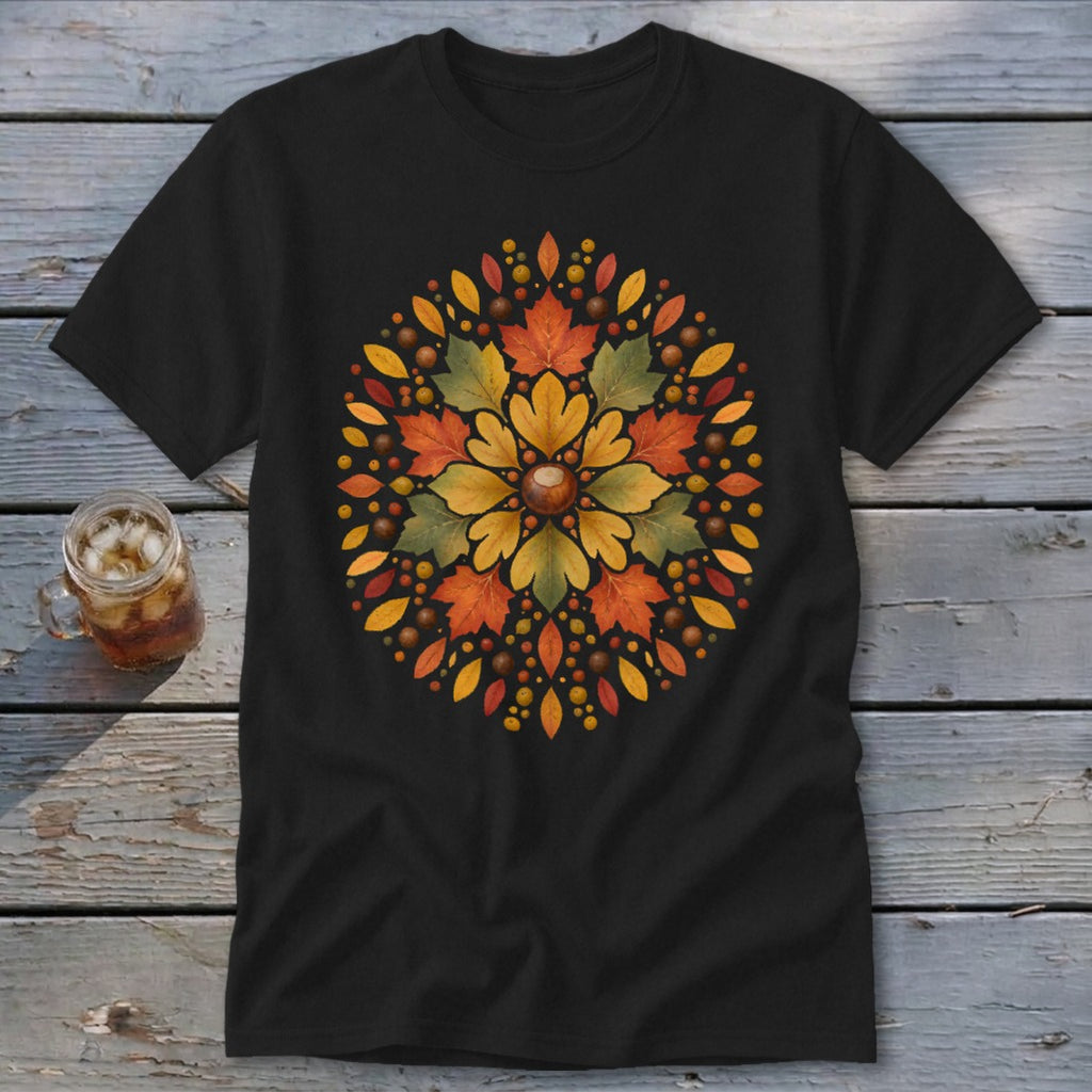 Black t-shirt with a circular autumn leaf and acorn design.