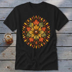 Black t-shirt with a circular autumn leaf and acorn design.