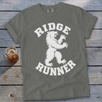 Gray t-shirt with white graphic of a bear and text "RIDGE RUNNER".