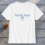 White v-neck t-shirt with blue "haint blue" text and paint can logo.
