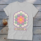 Light gray t-shirt with a hexagonal quilt design and "GRANDMOTHER'S FLOWER GARDEN" text.