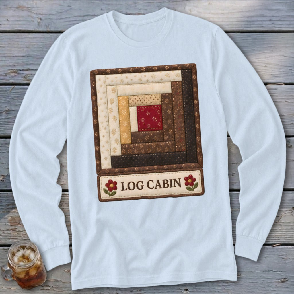 Long sleeve shirt with a log cabin quilt block and "LOG CABIN" text.