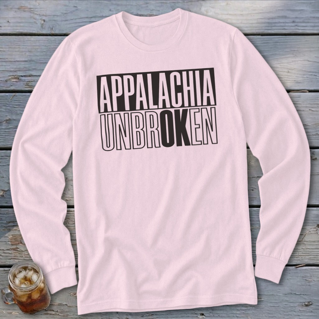 Pink long sleeve shirt with black text reading "APPALACHIA UNBROKEN".