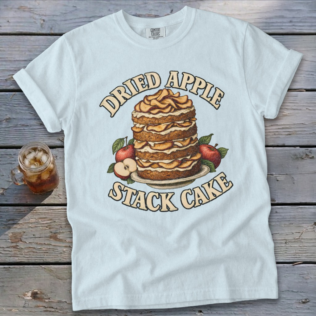 Dried Apple Stack Cake graphic on a light blue t-shirt.