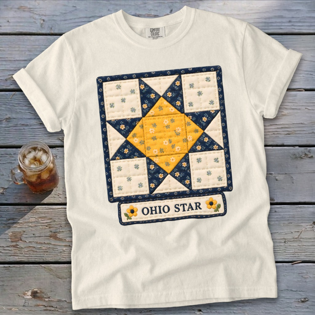 White t-shirt with a quilt block design featuring a yellow and navy Ohio Star and "OHIO STAR" text.