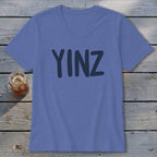 Purple V-neck t-shirt with "YINZ" printed in dark blue on the chest.