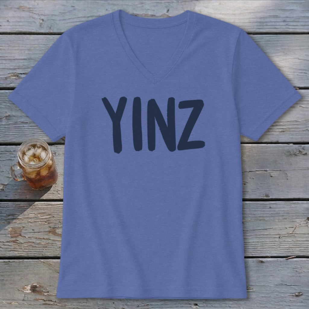 Purple V-neck t-shirt with "YINZ" printed in dark blue on the chest.