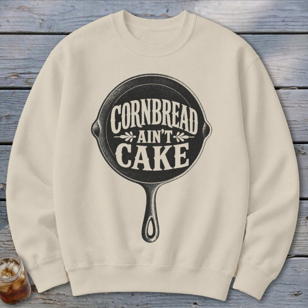 Cream sweatshirt with black graphic of a cast iron skillet and text: Cornbread Ain't Cake.