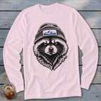 Long-sleeve pink shirt with a detailed drawing of a raccoon wearing a beanie with a mountain patch.