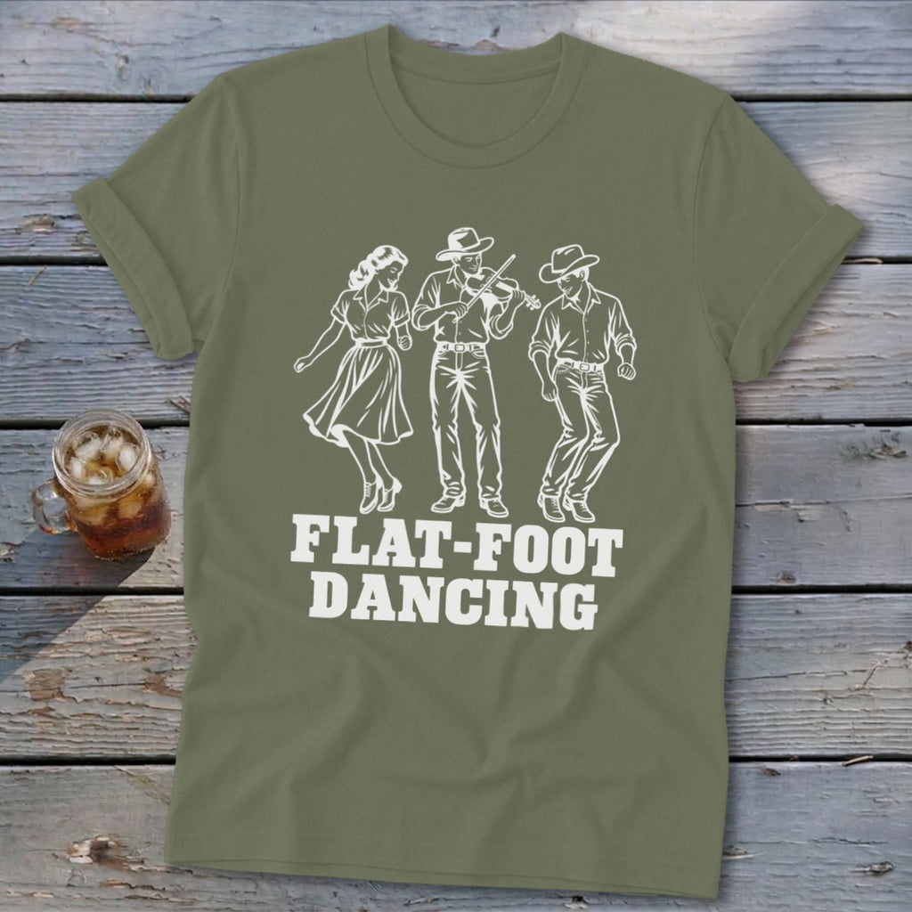 Olive green t-shirt with white flat-foot dancing graphic and text.