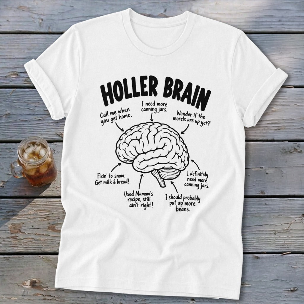White t-shirt with "Holler Brain" text and a diagram of a brain with funny sayings.