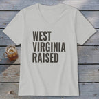Light grey v-neck t-shirt with "WEST VIRGINIA RAISED" in dark grey text.