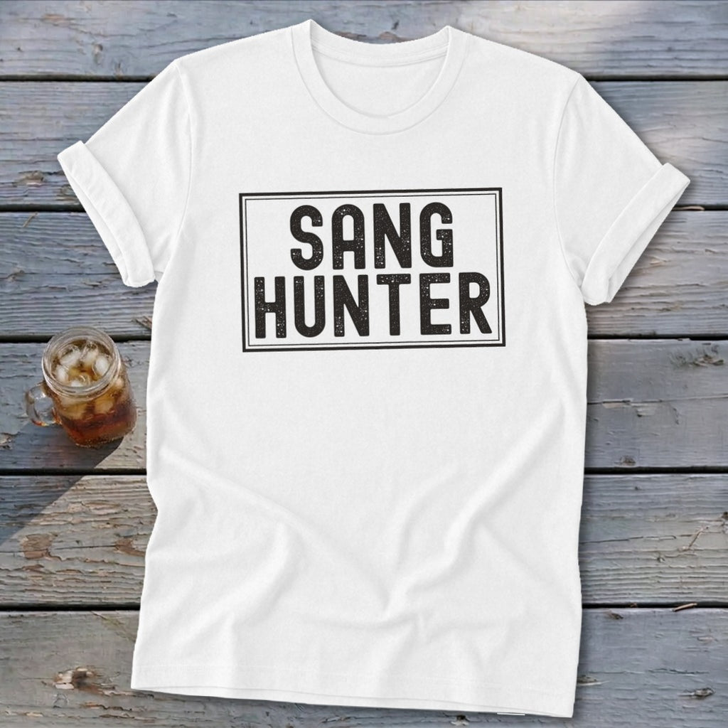 White t-shirt with black distressed text that reads "SANG HUNTER" inside a rectangle.
