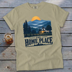 Khaki t-shirt with "The Home Place" text and a scenic mountain home illustration.
