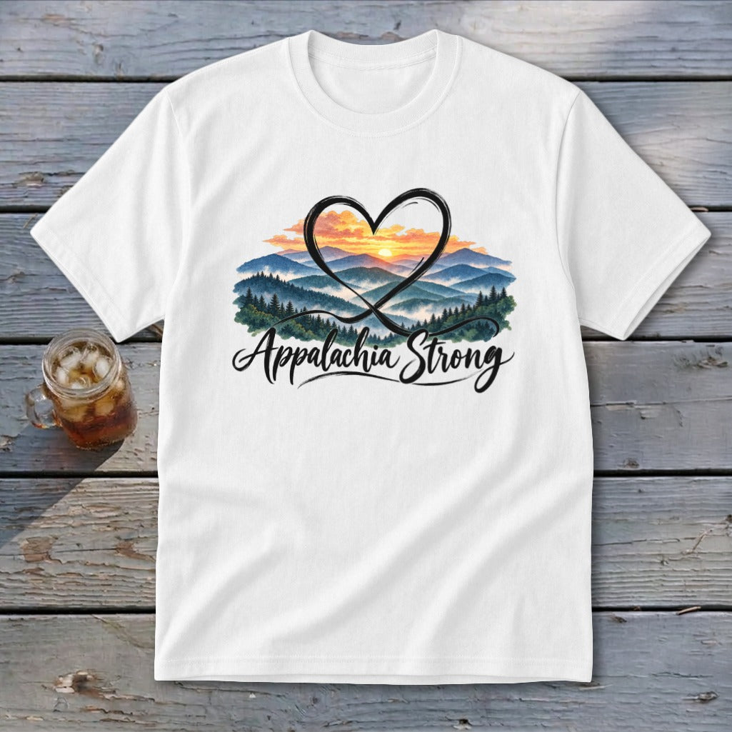 White t-shirt with mountains, sunset, heart, and "Appalachia Strong" text.