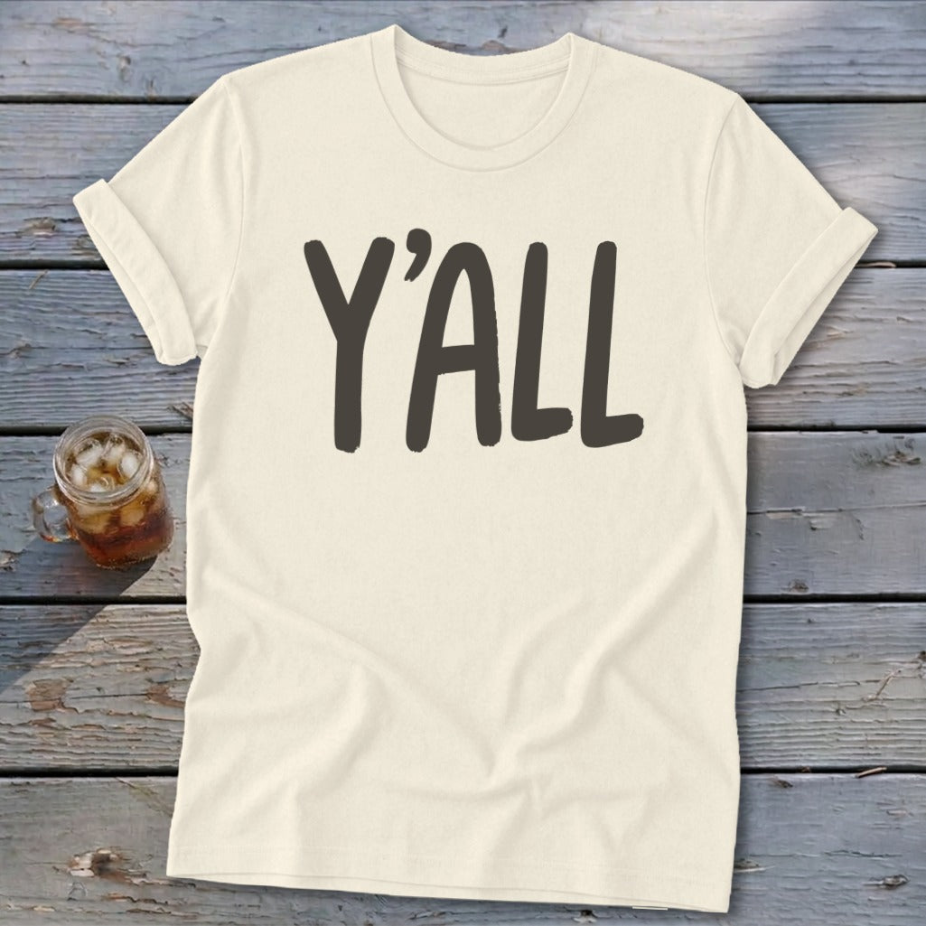 Cream t-shirt with "Y'ALL" in dark grey text